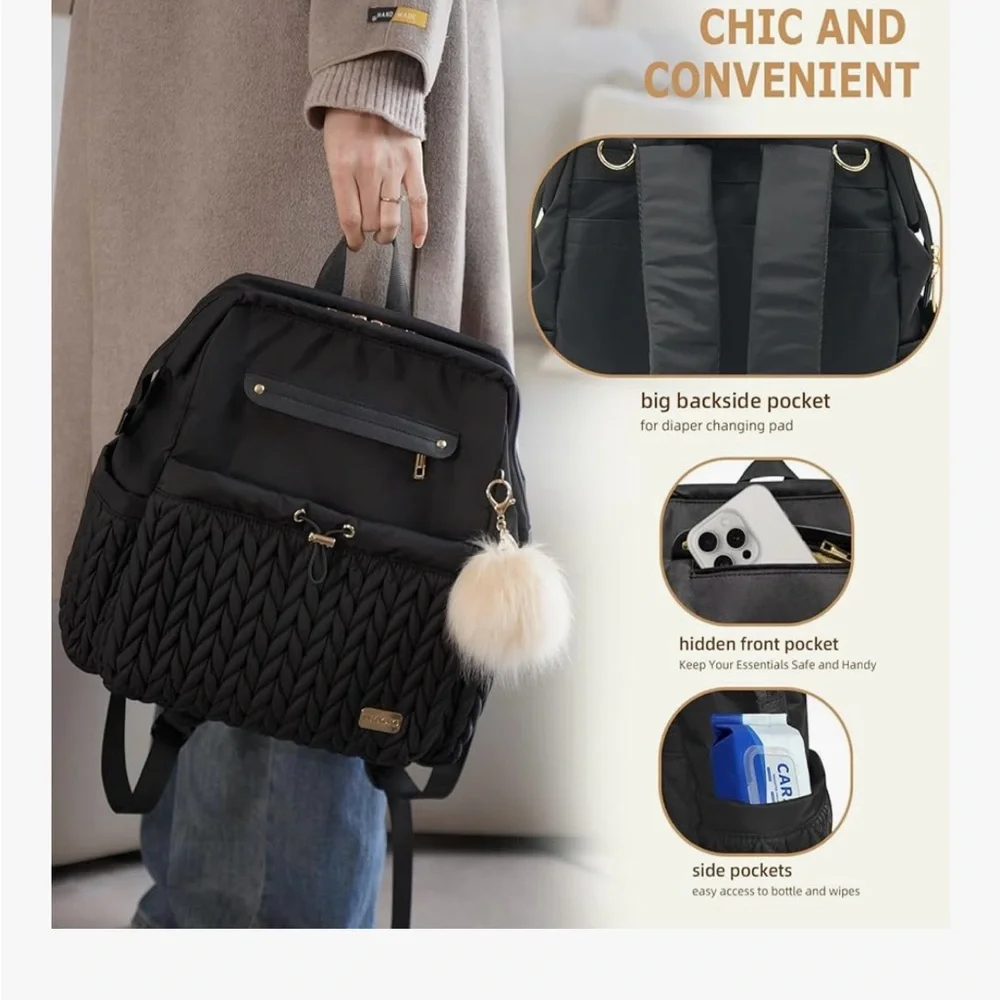 Elegant Black Baby Bag with Pom Pom